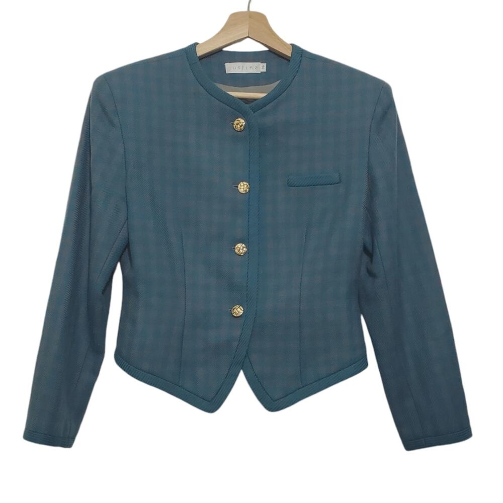 Justine | Vintage Wool Checkered Plaid Ornate Button Front Blazer Old Money